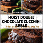 A loaf of double chocolate zucchini bread sliced on a wooden board with fresh zucchini nearby for Squash & Zucchini Recipes.